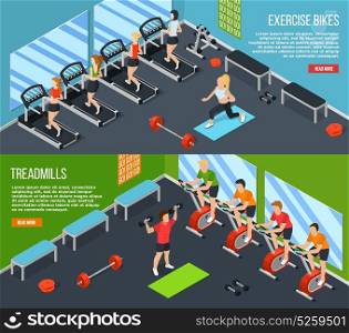 Gym Isometric Banner Set. Two horizontal gym isometric banner set with read more link and exercise bikes treadmills descriptions vector illustration