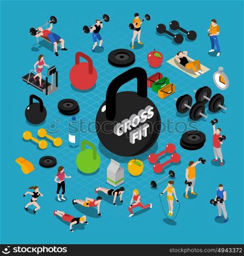Gym Isometric Composition. Gym and fitness isometric concept composition with training symbols isolated vector illustration