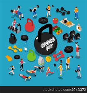 Gym Isometric Composition. Gym and fitness isometric concept composition with training symbols isolated vector illustration