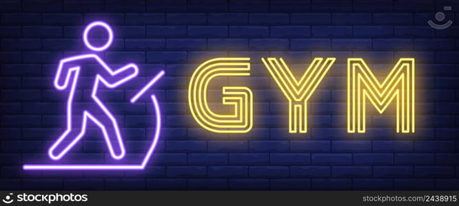 Gym neon sign. Glowing bar lettering with man on treadmill on brick background. Night bright advertisement. Vector illustration in neon style for gym and health clubs