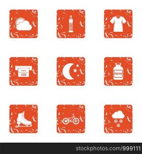 Gym occasion icons set. Grunge set of 9 gym occasion vector icons for web isolated on white background. Gym occasion icons set, grunge style