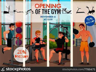 Gym opening advertising poster with men on exercise equipment and information about discounts vector illustration. Gym Opening Poster