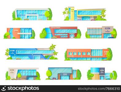 Gym or fitness center buildings, vector facades of modern design. Contemporary city architecture constructions for sports activity, recreation. Workout exercising sport club isolated cartoon icons set. Gym or fitness center buildings vector facades set