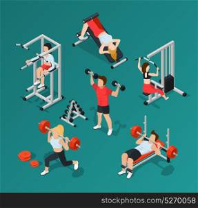 Gym People Icon Set. Isolated isometric gym people icon set with Men and women at workout vector illustration