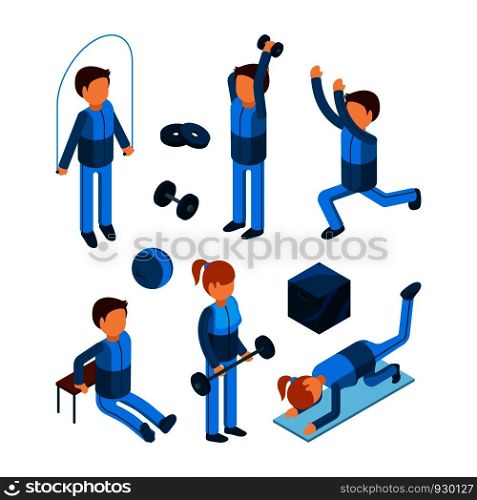 Gym people isometric. Fitness sport characters workout exercises body pump and strength vector 3d low poly models. Illustration of workout 3d exercise, sport gym and fitness people. Gym people isometric. Fitness sport characters workout exercises body pump and strength vector 3d low poly models