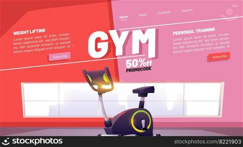 Gym poster, fitness club and online workout. Concept of sport training program with physical and cardio exercises. Vector banner with subscribe button and cartoon interior of gymnastic center. Gym poster, fitness club and online workout