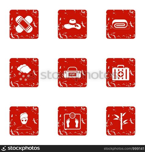 Gym room icons set. Grunge set of 9 gym room vector icons for web isolated on white background. Gym room icons set, grunge style