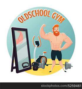 Gym School Design Concept . Gym school design concept with brutal red bearded guy demonstrating large biceps flat cartoon vector illustration