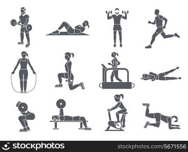 Gym sport exercises fitness weight loss and healthy lifestyle icons set vector illustration