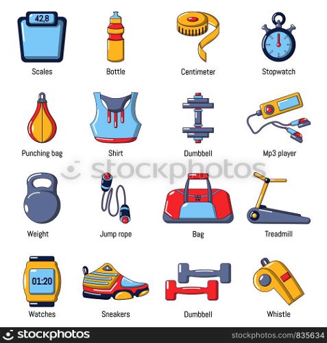 Gym sport icons set. Cartoon illustration of 16 gym sport vector icons for web. Gym sport icons set, cartoon style