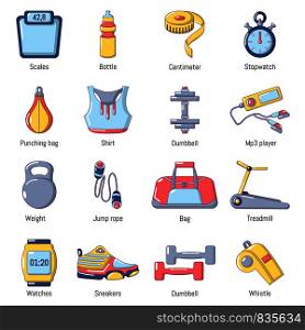 Gym sport icons set. Cartoon illustration of 16 gym sport vector icons for web. Gym sport icons set, cartoon style
