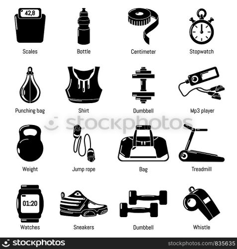 Gym sport icons set. Simple illustration of 16 gym sport vector icons for web. Gym sport icons set, simple style