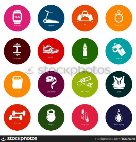 Gym sport icons set vector colorful circles isolated on white background . Gym sport icons set colorful circles vector