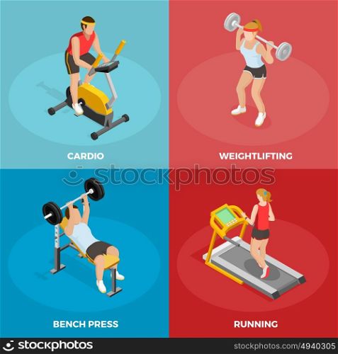 Gym Sport Isometric Concept. Gym sport isometric concept with different physical activities and sports exercises isolated vector illustration