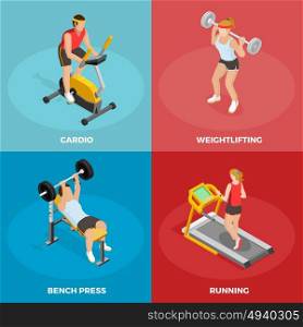Gym Sport Isometric Concept. Gym sport isometric concept with different physical activities and sports exercises isolated vector illustration