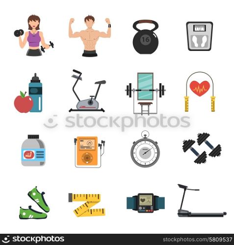Gym tools and fitness nutrition icon flat set isolated vector illustration. Gym Icon Flat Set