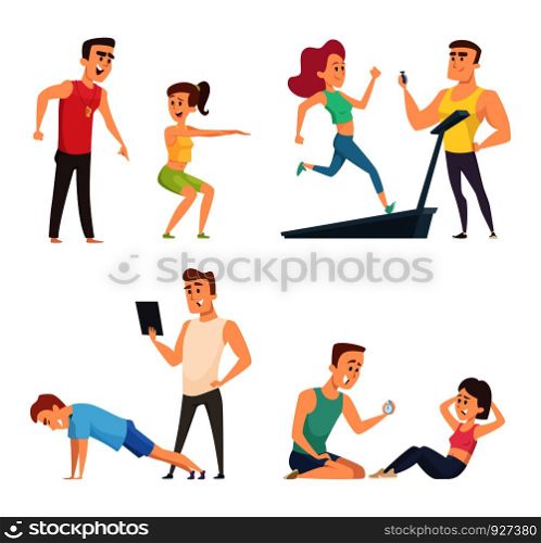 Gym training. Set of cartoon sport characters. Vector training exercise, instructor trainer sporty illustration. Gym training. Set of cartoon sport characters