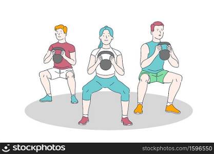Gym training, workout and weightlifting exercise, physical activity and healthy lifestyle concept. Sportsmen doing squats with kettlebells, athletes lifting dumbbells. Simple flat vector. Gym training, workout and weightlifting exercise, physical activity and healthy lifestyle concept