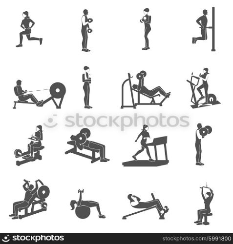 Gym workout black people silhouettes flat set isolated vector illustration. Gym Workout People Flat