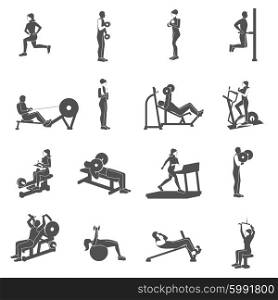 Gym workout black people silhouettes flat set isolated vector illustration. Gym Workout People Flat