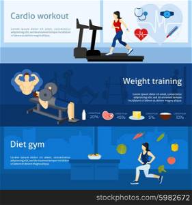 Gym workout horizontal banner set with cardio and weight training elements isolated vector illustration. Gym Workout Banner