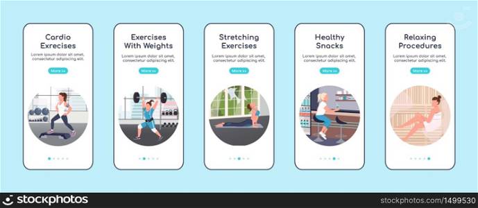 Gym workout onboarding mobile app screen flat vector template. Training and healthy lifestyle walkthrough website steps with characters. UX, UI, GUI smartphone cartoon interface, case prints set. Gym workout onboarding mobile app screen flat vector template