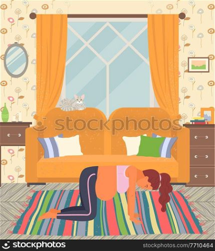 Gymnastic for pregnant woman. Pregnancy preparing flat illustration. Birth active position standing on all fours. Girl does prenatal exercises on the floor on carpet near couch in living room interior. Gymnastic for pregnant woman. Pregnancy preparing. Birth active position standing on all fours
