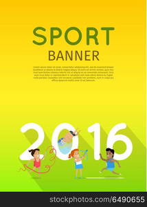 Gymnastics Athletics Diving and Archery Template.. Sport banner. Artistic gymnastics athletics diving and archery template. Summer games colorful banner. Competitions, achievements, best results. Flyer, template, poster 2016. Vector illustration