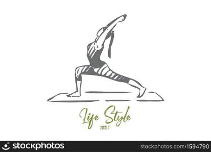 Gymnastics concept sketch. Woman doing yoga. Being physically active, exercising every day. Attending yoga classes, going to gym. Healthy lifestyle. Keeping in shape, fit. Isolated vector illustration. Gymnastics concept sketch. Isolated vector illustration