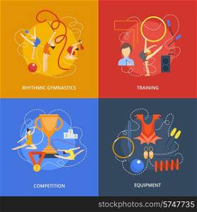 Gymnastics design concept set with rhythmic training competition equipment flat icons isolated vector illustration