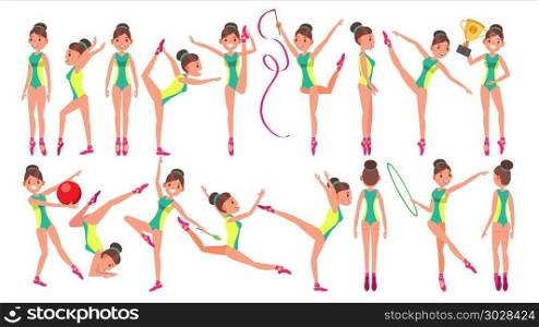 Gymnastics Female Player Vector. Gymnastic Hoop. Demonstrate. Presentation. Playing In Different Poses. Woman. Athlete Isolated On White Cartoon Character Illustration. Gymnastics Young Woman Player Vector. Gymnastic Mace. Modern Beauty Uniform. Girl Athlete. Flat Cartoon Illustration