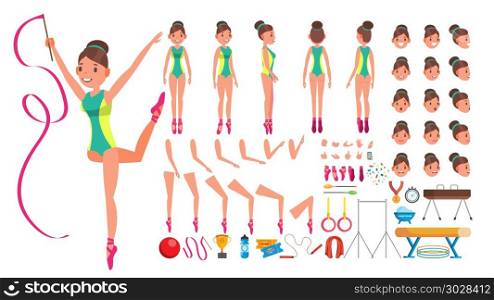 Gymnastics Female Vector. Animated Character Creation Set. Gymnastic Woman Full Length, Front, Side, Back View, Accessories, Poses, Face Emotions, Gestures. Isolated Flat Cartoon Illustration. Gymnastics Female Vector. Animated Character Creation Set. Gymnastic Woman Full Length, Front, Side, Back View, Accessories, Poses, Face Emotions, Gestures. Isolated Cartoon Illustration