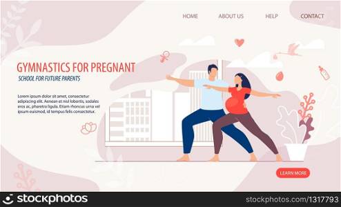 Gymnastics School for Pregnant Trendy Flat Vector Advertising Banner, Promo Poster Template. Waiting Childbirth Woman Doing Exercises Together with Husband, Stretching, Squat in Gym Illustration