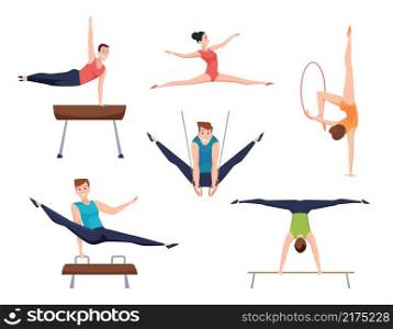 Gymnasts. Athletes characters acrobatic moves fitness training gymnastic elements for woman and man exact vector sport people. Fitness athlete, training exercise acrobatic, sport gymnast illustration. Gymnasts. Athletes characters acrobatic moves fitness training gymnastic elements for woman and man exact vector sport people