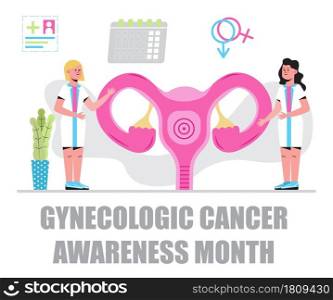 Gynecologic cancer awareness month concept vector for medical websites. Event is celebrated every year in September. Tiny doctor examines uterus with magnifier to treat cervical cancer.. Gynecologic cancer awareness month concept vector for medical websites.