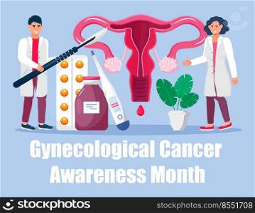Gynecologic cancer awareness month concept vector for medical websites, app. Tiny doctor examines uterus and treat cervical cancer, give medication. Event is celebrated every year in September.. Gynecologic cancer awareness month concept vector for medical websites, app. Tiny doctor examines uterus and treat cervical cancer, give medication.