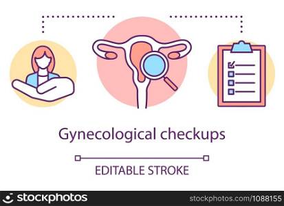 Gynecological checkups concept icon. Medical screening idea thin line illustration. Female reproductive system exam. Women health. Doctor equipment. Vector isolated outline drawing. Editable stroke