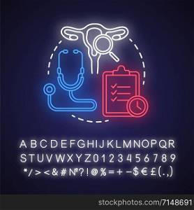 Gynecological checkups neon light concept icon. Medical examining idea. Female reproductive system. Women healthcare. Glowing sign with alphabet, numbers and symbols. Vector isolated illustration