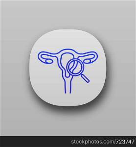 Gynecological exam app icon. UI/UX interface. Female reproductive system examination. Gynecology. Uterus, fallopian tubes, vagina with magnifying glass. Women's health. Vector isolated illustration. Gynecological exam app icon