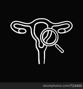 Gynecological exam chalk icon. Female reproductive system examination. Gynecology. Uterus, fallopian tubes and vagina with magnifying glass. Women's health. Isolated vector chalkboard illustrations. Gynecological exam chalk icon