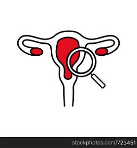 Gynecological exam color icon. Female reproductive system examination. Gynecology. Uterus, fallopian tubes and vagina with magnifying glass. Women's health. Isolated vector illustration. Gynecological exam color icon