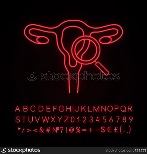 Gynecological exam neon light icon. Female reproductive system examination. Gynecology. Uterus, fallopian tubes, vagina with magnifier. Glowing sign with alphabet, number. Vector isolated illustration. Gynecological exam neon light icon