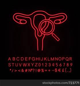 Gynecological exam neon light icon. Female reproductive system examination. Gynecology. Uterus, fallopian tubes, vagina with magnifier. Glowing sign with alphabet, number. Vector isolated illustration. Gynecological exam neon light icon