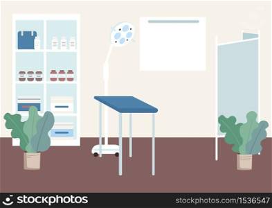 Gynecologist cabinet flat color vector illustration. Table for health examination. Checkup equipment. Lamp for prenatal check. Clinic room 2D cartoon interior with hospital furniture on background. Gynecologist cabinet flat color vector illustration