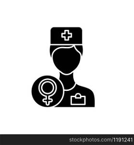 Gynecologist consultation glyph icon. Female health examination. Clinic appointment. Prenatal aid. Hospital visit. Woman health. Silhouette symbol. Negative space. Vector isolated illustration