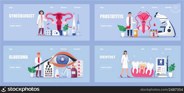 Gynecologist, dentist, optometrist, andrologist vector concept for medical websites, homepages. Treatment of endometriosis, prostate, myopia illustration. Doctor&rsquo;s appointment.. Gynecologist, dentist, optometrist, andrologist vector concept for medical websites, homepages.