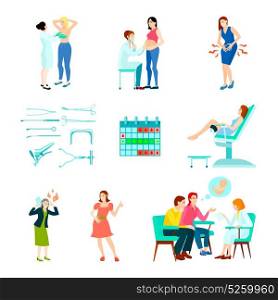 Gynecologist Gynecology Icon Set. Colored flat and isolated gynecologist gynecology icon set with woman at the doctors reception vector illustration
