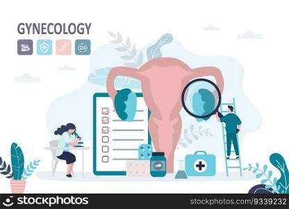 Gynecologist with magnifying glass examines female organ. Team of doctors examining female reproductive system. Concept of gynecology, healthcare and medical treatment. Trendy flat vector illustration