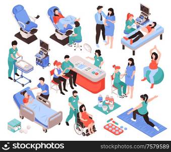 Gynecology and obstetrics isometric set of pregnant female persons and medical staff supporting women health isolated vector illustration