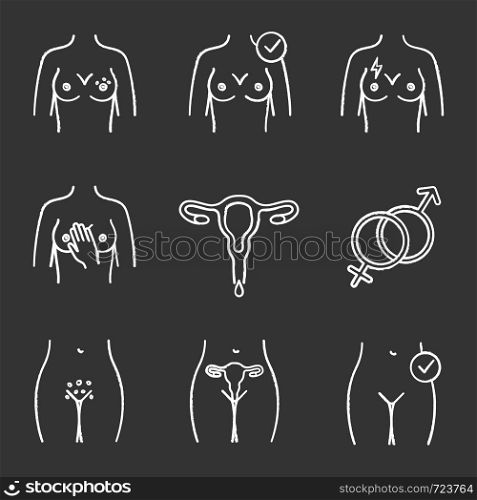 Gynecology chalk icons set. Breast rash, pain, women's health, palpation, menstruation, heterosexuality, genital rash, uterus. Isolated vector chalkboard illustrations. Gynecology chalk icons set